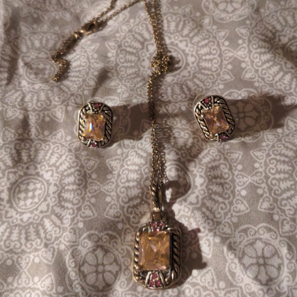 Pink Bezel Sterling Earrings Necklace Set